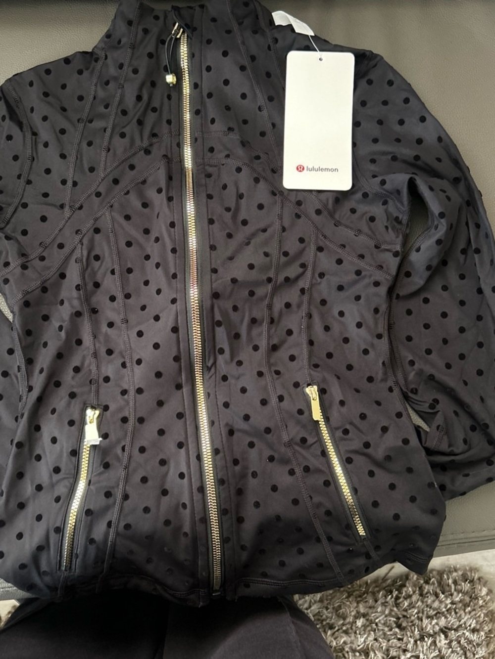 lululemon athletica Black Polka Dot Zip Bomber Jacket with Gold Hardware